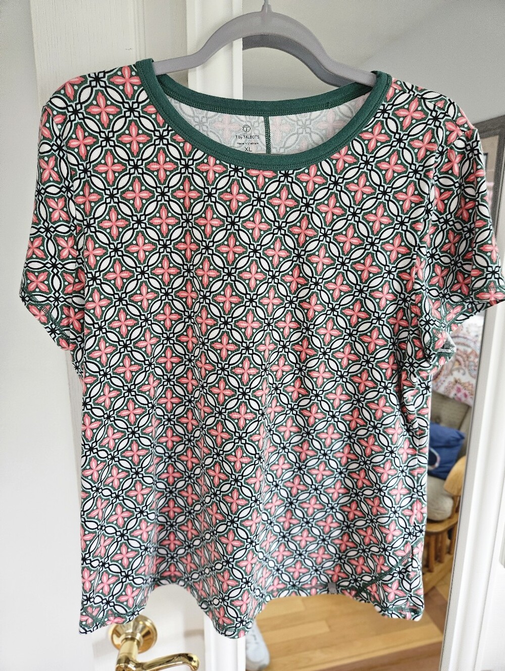 Talbots Pink and Green Geometric Short Sleeve Tee